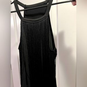 Black halter fringe bodysuit.